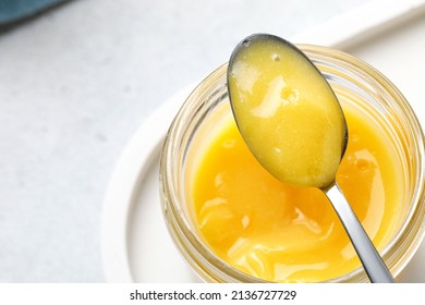 Close up lemon curd, dessert with lemon cream or mousse.