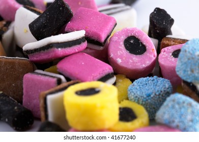 Close up of licorice allsort sweets
