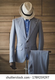 Close up of light blue suit jacket with extra pocket and extra wide lapel