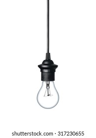 Close up of a light bulb hanging on the cable isolated on white background