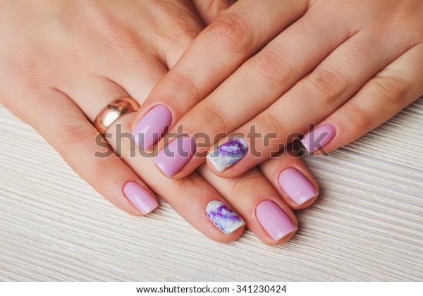 Close Light Pink Nail Art Printed Stock Photo Edit Now 341230424