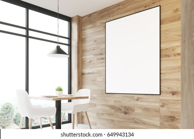 Close up of a light wooden cafe interior with a square table, white chairs standing along a panoramic window and a framed vertical poster on a wall. 3d rendering, mock up
