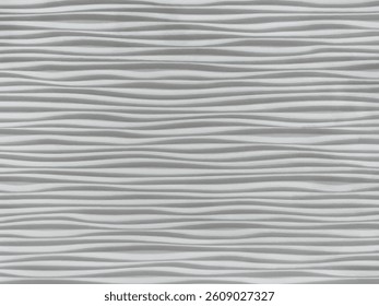 Close up of a linear wave pattern embossed on white background surface. 3D wall panel with wavy pattern. Seamless background texture.