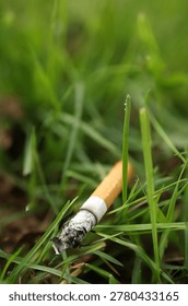 Close up of lit cigarette butt lying in green grass outdoors