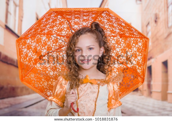 Close Little Girl Wearing Beautiful Colonial Stock Photo