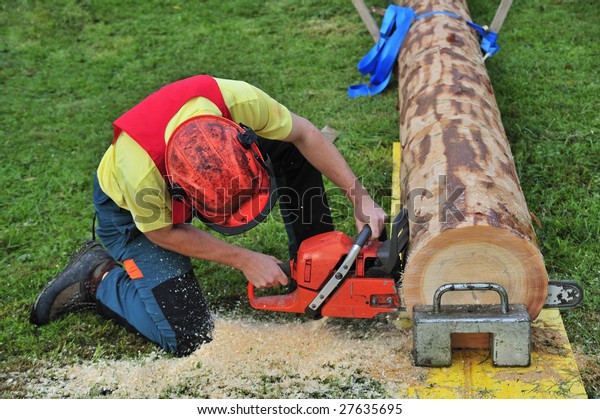 Close Logger Using Chainsaw Logging Competition Stock Photo (Edit Now ...