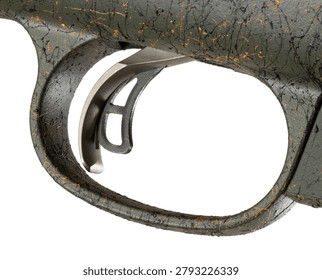 Up close look at a gun trigger with two shoes on a special rifle stockk with splattered green and black color isolated on a white background.