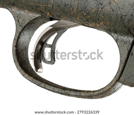 Up close look at a gun trigger with two shoes on a special rifle stockk with splattered green and black color isolated on a white background.