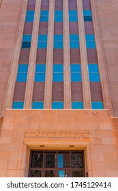 Close Up Of Lubbock County Courthouse Built In 1950 With It's Limestone And Granite Front. It Sits In The Downtown Districts Town  Square.