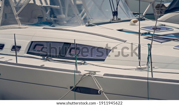 Close up of a luxury boat showing the deck and\
and its equipment