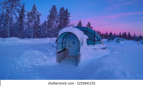 CLOSE UP Luxury Glass Igloo In Kakslauttanen Arctic Resort Finland At Sunset