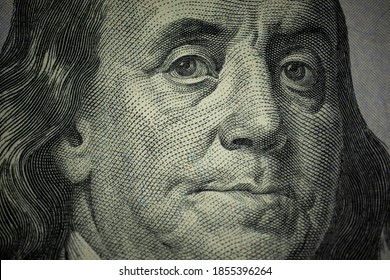 Close Up Macro Ben Franklin Face From 100 Dollar Bill