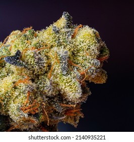 Close Up Macro Cannabis Flower View, Featuring Trichomes.