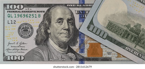 Close up macro shot of front and back sides of one hundred US dollar banknotes