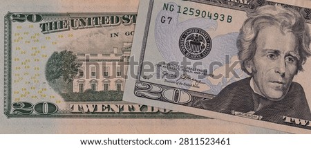 Close up macro shot of front and back sides of twenty US dollar banknotes