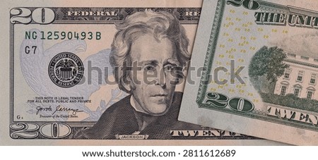 Close up macro shot of front and back sides of twenty US dollar banknotes