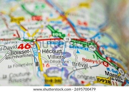 Close macro shot of road map section highlighting Hé court Villiers and Boisset les Prévanches area
