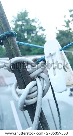 Close up macro shot of a white plastic clothespin clipped on a blue rope, with thick white cable wrapped around a mossy metal pole in outdoor background.