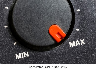 Close Up Macro View Of Vintage Tape Machine Volume Dial Set To MAX.  