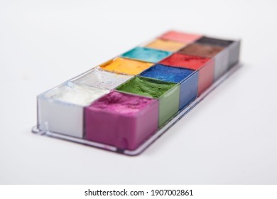 Close Up Of Makeup Artist Cream Face Paint Palette Isolated