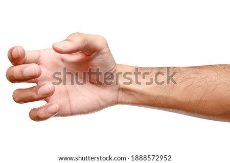 Close up male caucasian hand holding something like a bottle or can isolated on white background with clipping path.