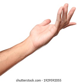 Close Up Male Caucasian Hand Reach And Ready To Help Or Receive. Gesture Isolated On White Background With Clipping Path.