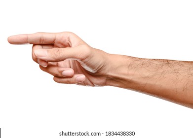 Close up male caucasian hand touching or pointing to something isolated on white background with clipping path. - Shutterstock ID 1834438330