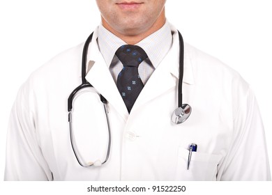 close up of a male doctor with a stethoscope on his neck
