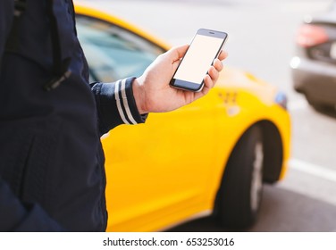 Close Male Hand Calling Taxi Smartphone Stock Photo 653253016 ...