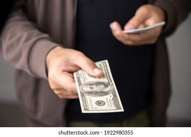 Close Up Male Hand Counting Money Us Dollar. Financial Business Concept.