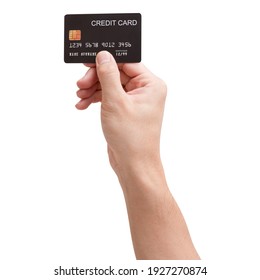 Close Up Male Hand Hold Black Credit Card Isolated On White Background With Clipping Path.