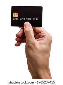 Close Up Male Hand Hold Black Credit Card Isolated On White Background With Clipping Path.