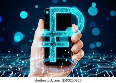 Close up of male hand holding cellphone with digital ruble sign on blurry blue bokeh circles background. Cryptocurrency, finance and online banking concept. Double exposure - Powered by Shutterstock - Get 15% off with code: PIKWIZARD15