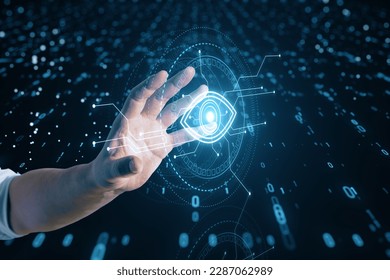 Close up of male hand holding cyber spy technology hologram, virtual eye of internet control surveillance and digital invigilation background with coding