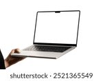 Close up of male hand holding laptop mockup with blank screen on white background. hand man using laptop.