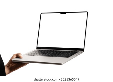 Close up of male hand holding laptop mockup with blank screen on white background. hand man using laptop.