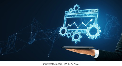 Close up of male hand holding smartphone with creative digital computer folder with cogs, mesh and arrows on blurry backdrop. Project Management icon, folder, project goals, task management concept - Powered by Shutterstock