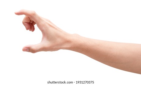 Close Up Male Hand Holding Something Like A Bottle Or Can Isolated On White Background With Clipping Path.