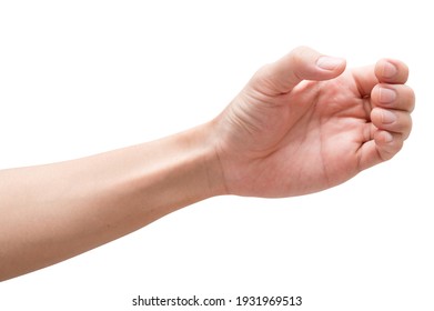 Close up male hand holding something like a bottle or can isolated on white background with clipping path. - Shutterstock ID 1931969513