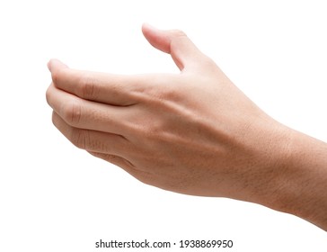 Close Up Male Hand Holding Something Like A Bottle Or Can Isolated On White Background With Clipping Path.