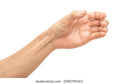 Close up male hand holding something like a bottle or can isolated on white background with clipping path. - Powered by Shutterstock