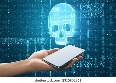 Close up of male hand holding white mobile phone with glowing digital blue glitch skull hologram on dark background. Virus, crime and hacking concept