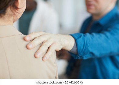 Close Up Of Male Hand On Shoulder, People Comforting Each Other In Psychology Support Group, Copy Space