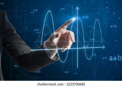 Close up of male hand pointing at abstract glowing mathematical formula graph on blue background. Equation, digital data and mathematics app concept