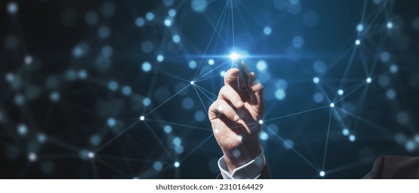 Close up of male hand pointing at creative glowing blurry plexus on dark background. Digital communication and network concept - Powered by Shutterstock - Get 15% off with code: PIKWIZARD15