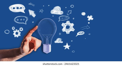 Close up of male hand pointing at creative light bulb sketch with icons on blue background, mock up place. Idea, innovation and creativity concept - Powered by Shutterstock