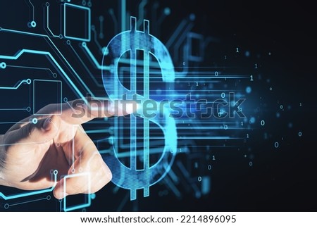 Close up of male hand pointing at creative glowing dollar hologram on dark backround. Futuristic hi-tech digital money and electronic economy of the future concept