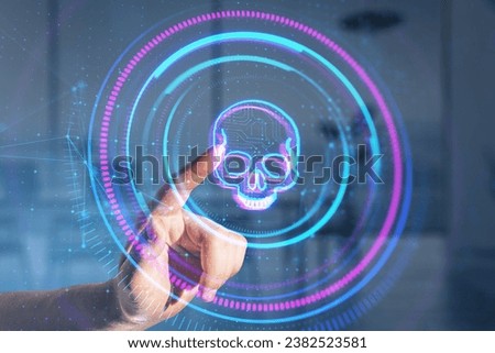 Close up of male hand pointing at creative digital round skull hologram on blurry office interior background. Hacking, piracy and malware concept. Double exposure