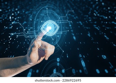 Close up of male hand pointing at cyber spy technology hologram, virtual eye of internet control surveillance and digital invigilation background with coding