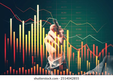 Close up of male hand pointing at falling business chart on blurry background. Crisis and market concept - Powered by Shutterstock